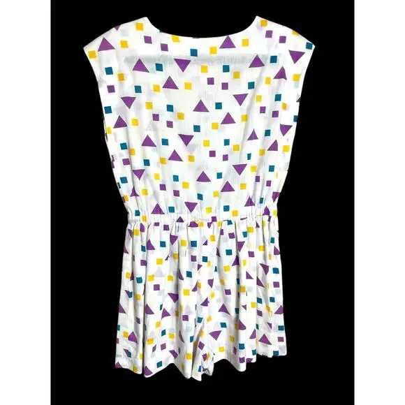 Vintage 80s Lightweight White Geometric Multicolor Cotton Handmade Romper Shorts - Picture 4 of 4